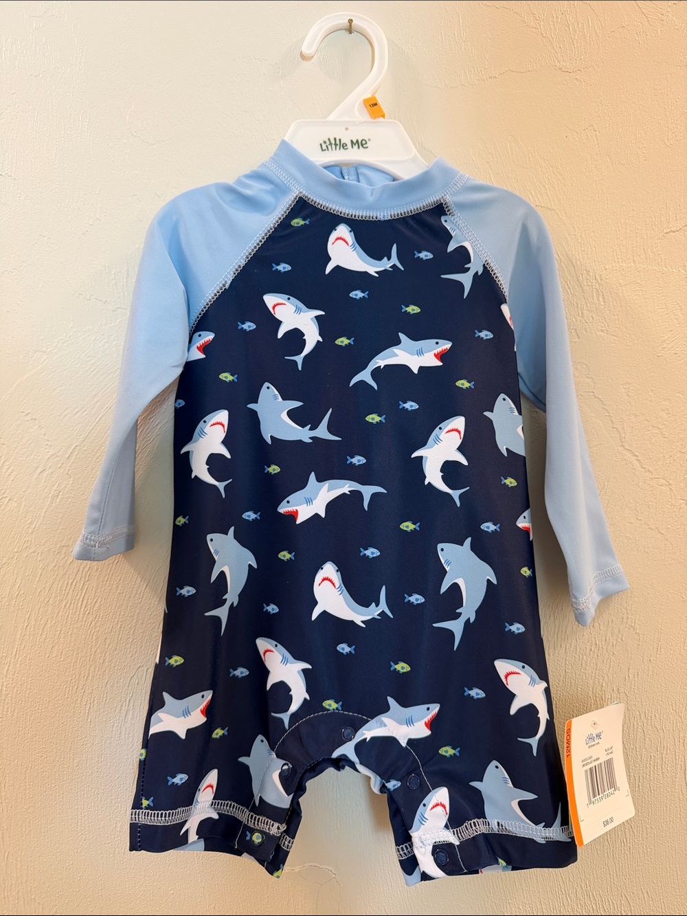 Little Me Navy Shark Print Rashguard One-Piece with Light Blue Sleeves and Hat - Picture 3 of 9